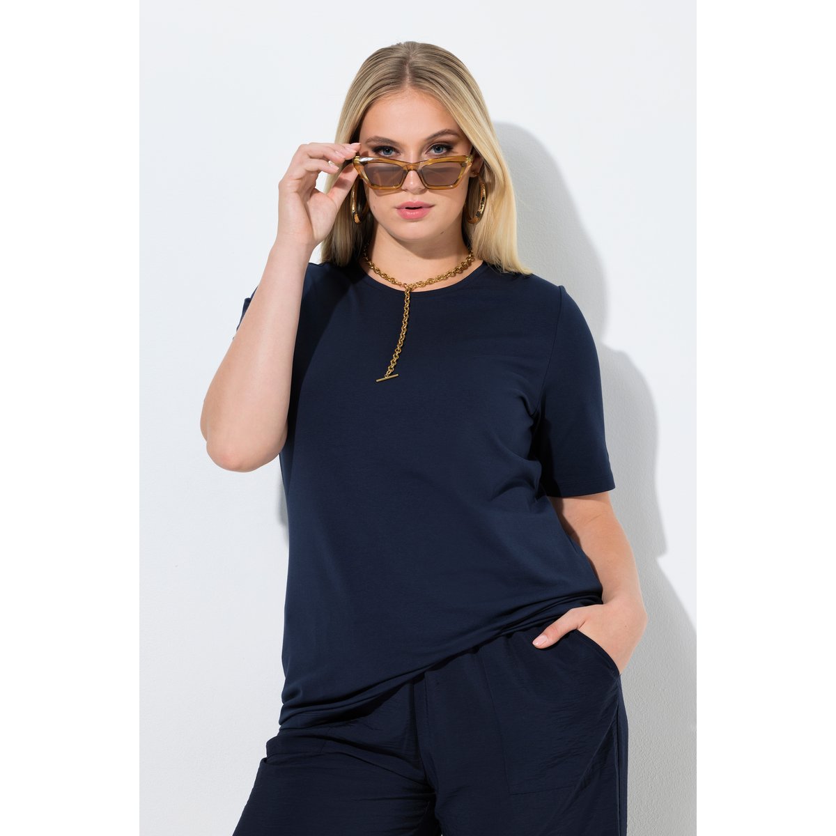T-shirt col rond et manches courtes marine, ULLA POPKEN