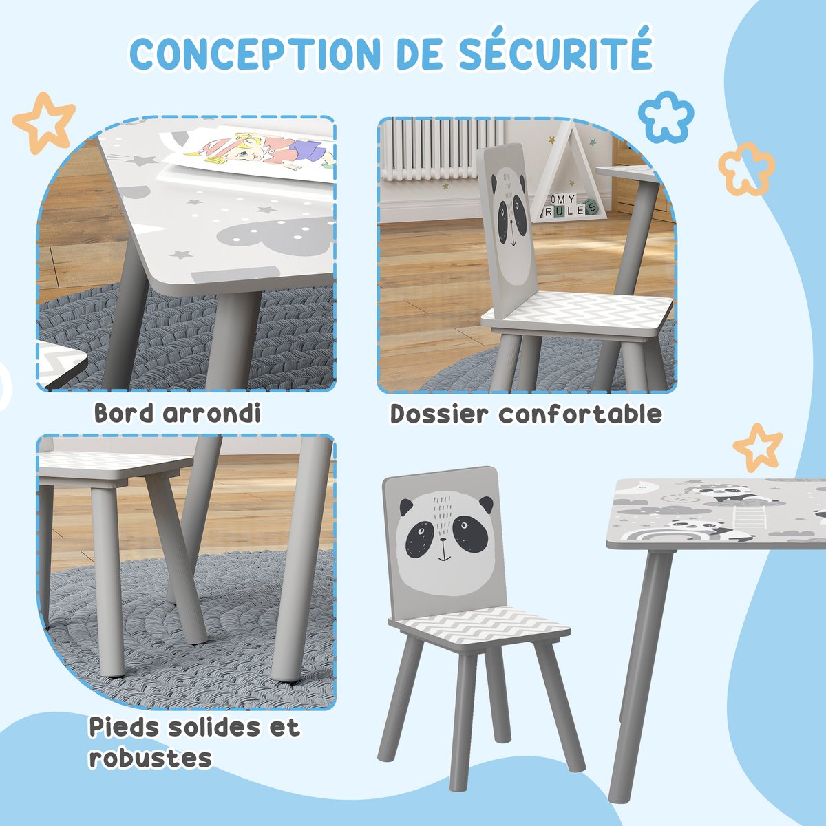 Ensemble table et chaises pour enfants MDF gris, blanc, motif panda, ZONEKIZ