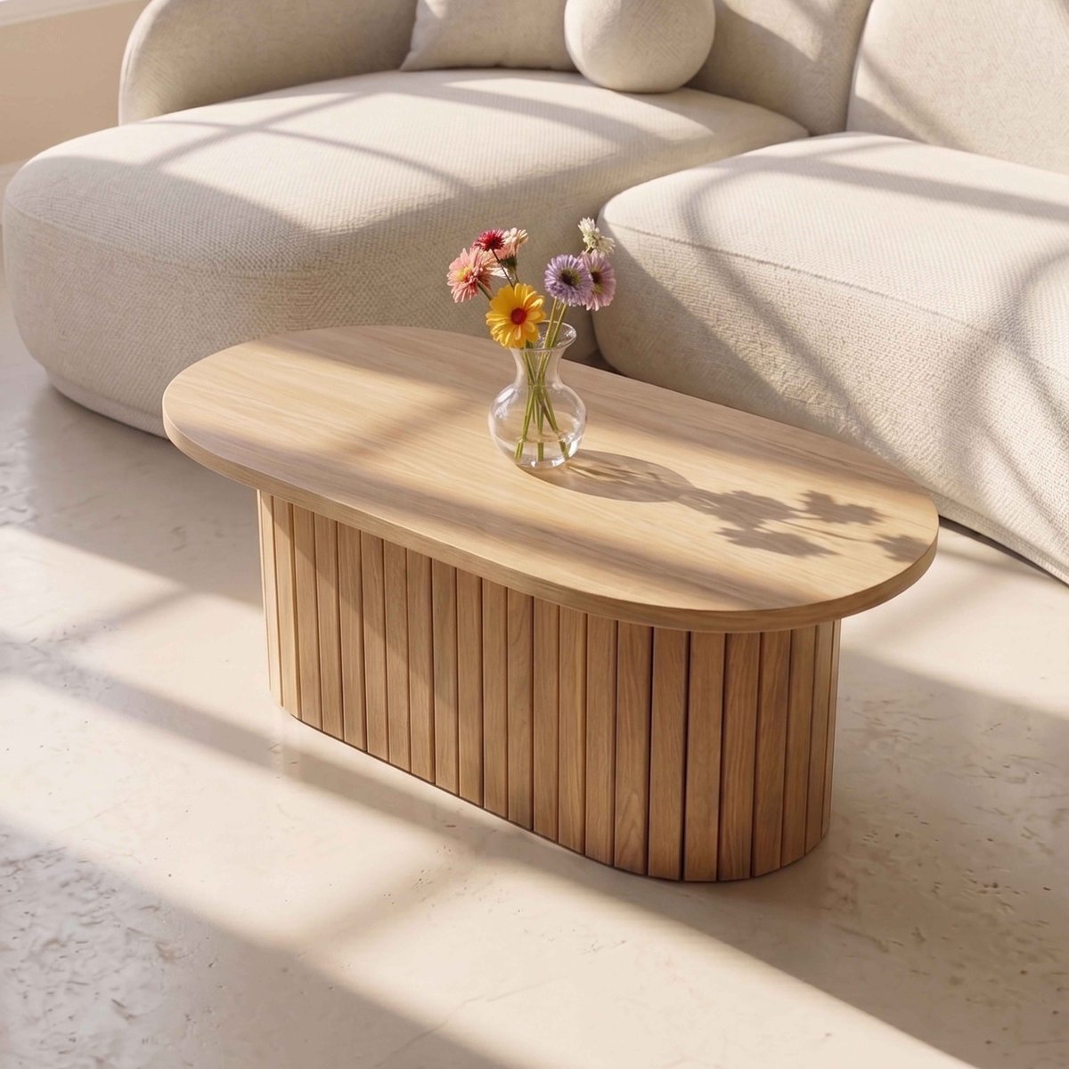 Table basse ovale en MDF décor mélaminé FSC, ELENA bois clair, OVIALA