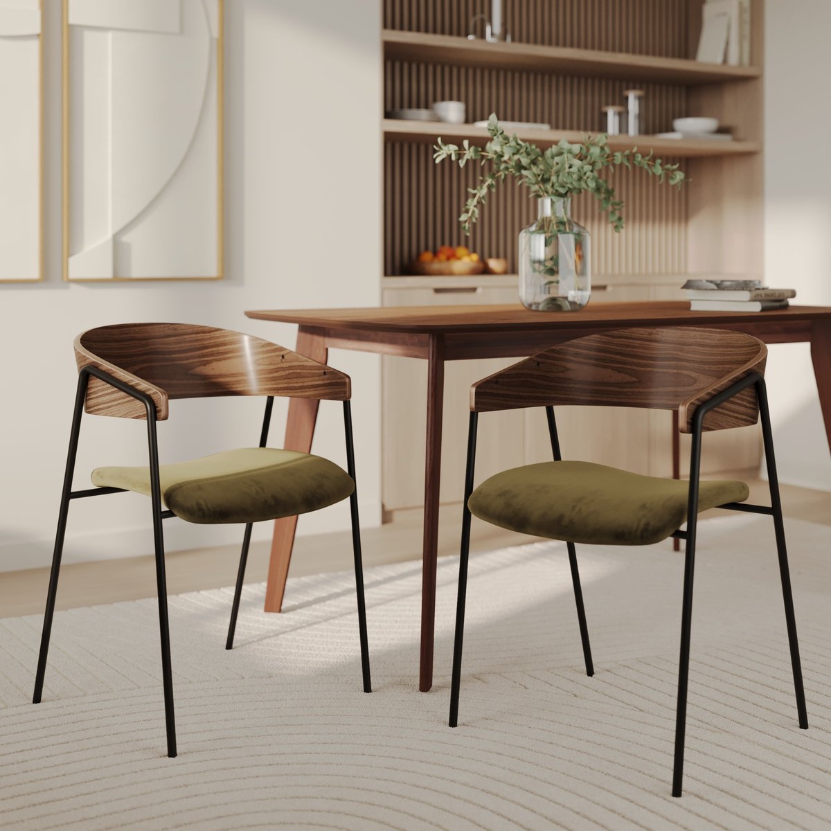 Lot de 2 chaises en velours et bois de noyer - ESMÉE vert kaki, MAISON PAVANE