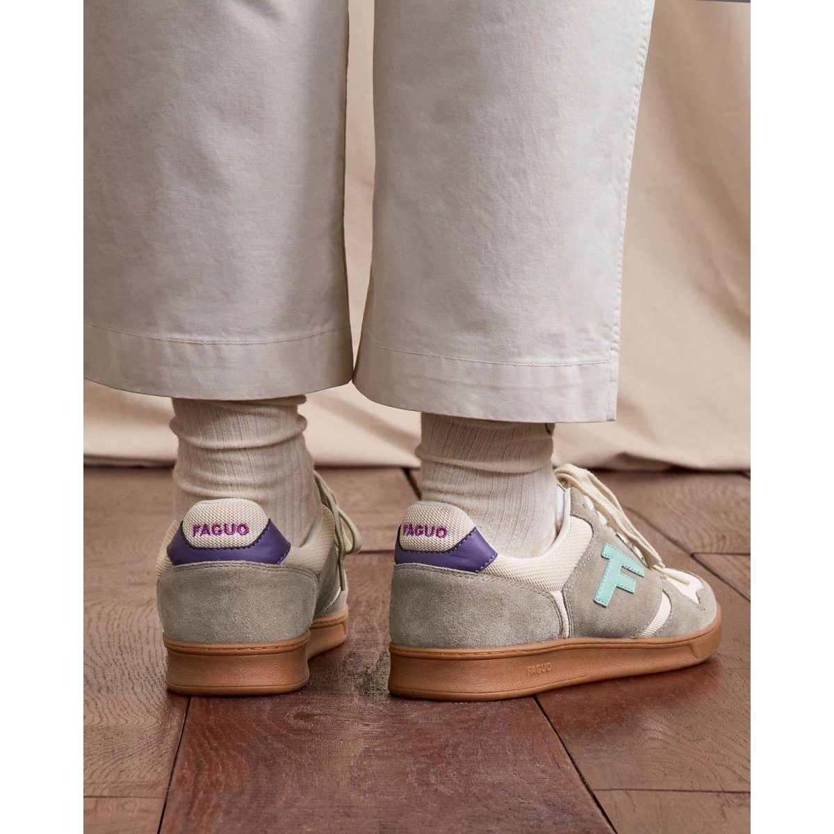Baskets basses suede tissu PALMER beige et kaki clair, FAGUO