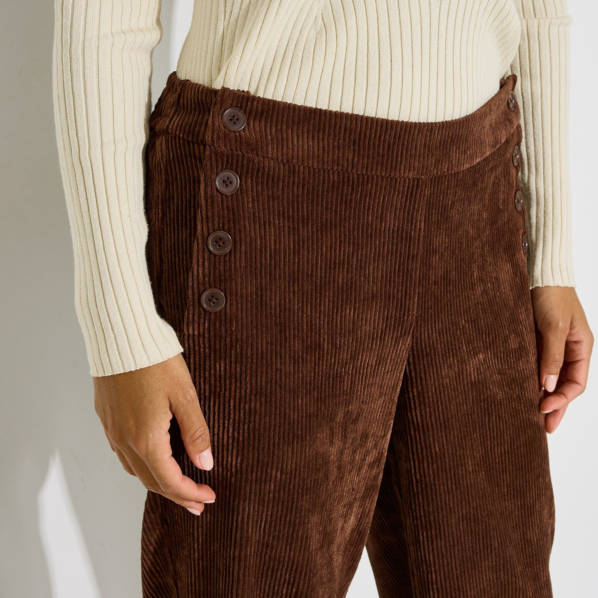 Pantalon droit à pont en velours marron, GRAIN DE MALICE