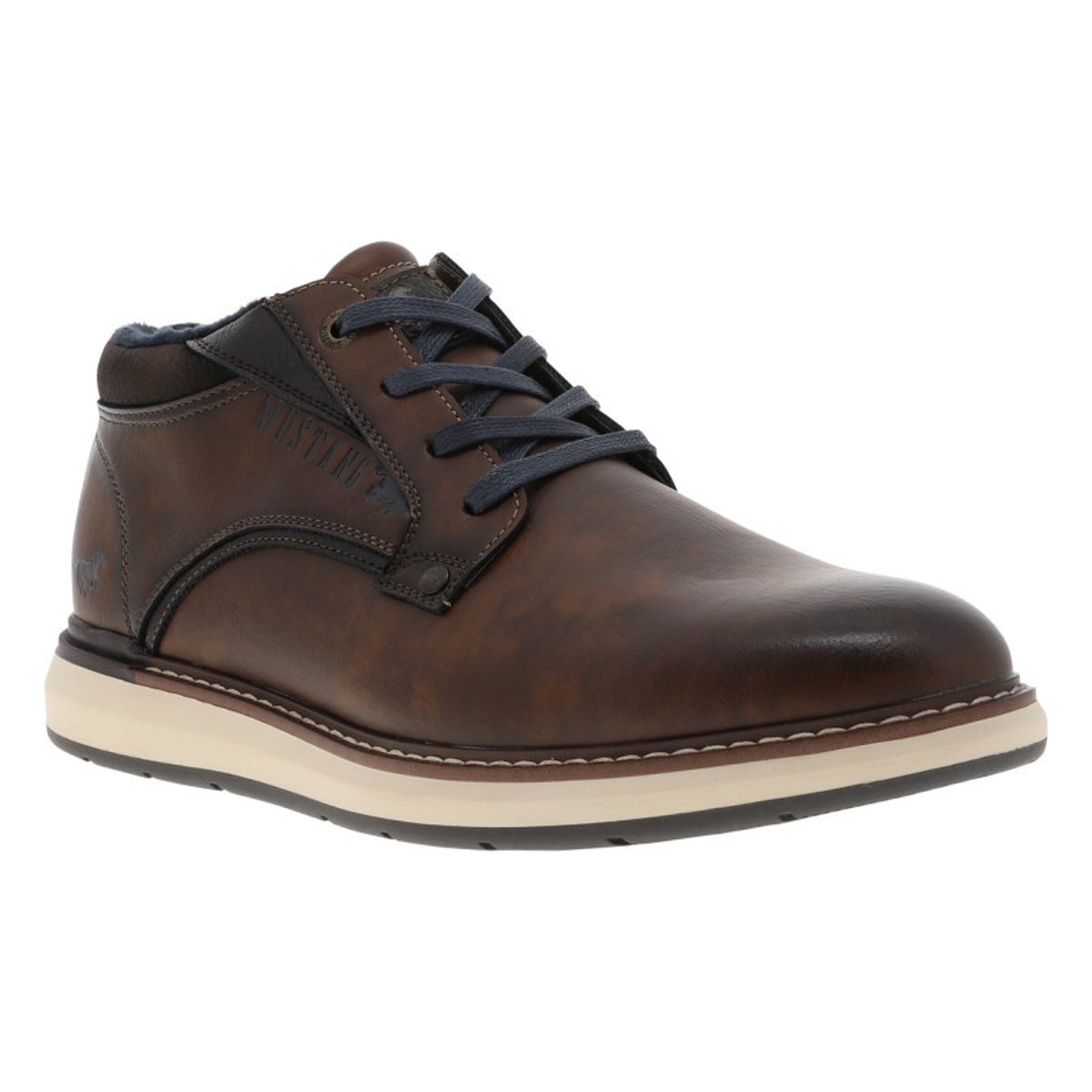 Derbies cognac à talon plat avec des lacets et doublure bleu marine cognac, MUSTANG