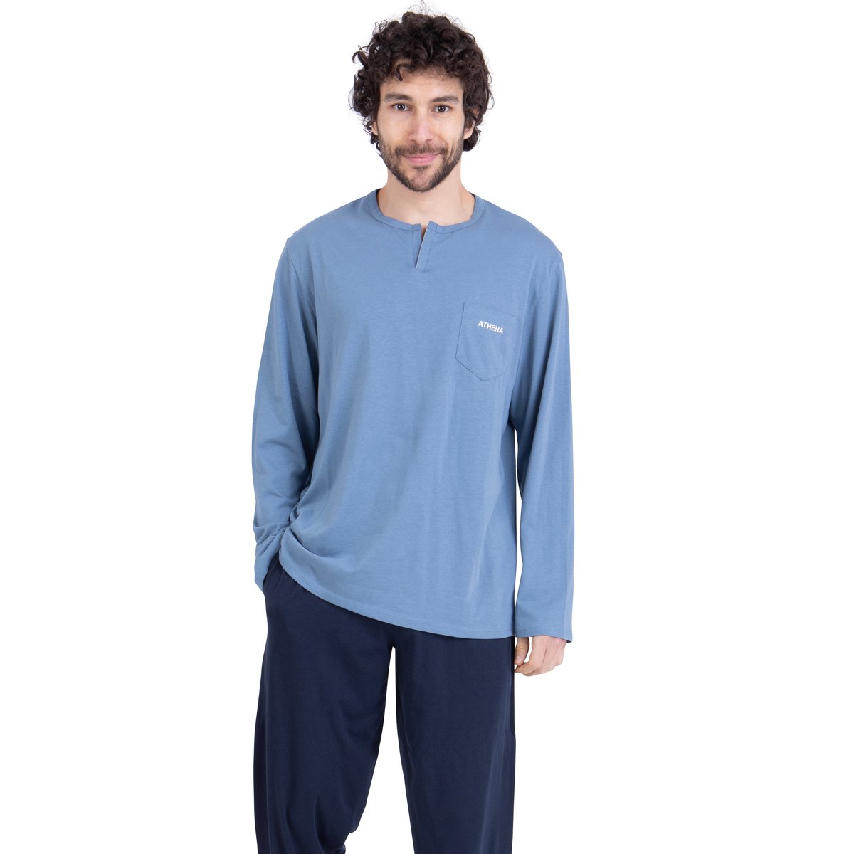 Pyjama long en coton, col ouvert bleu/bleu marine, ATHENA