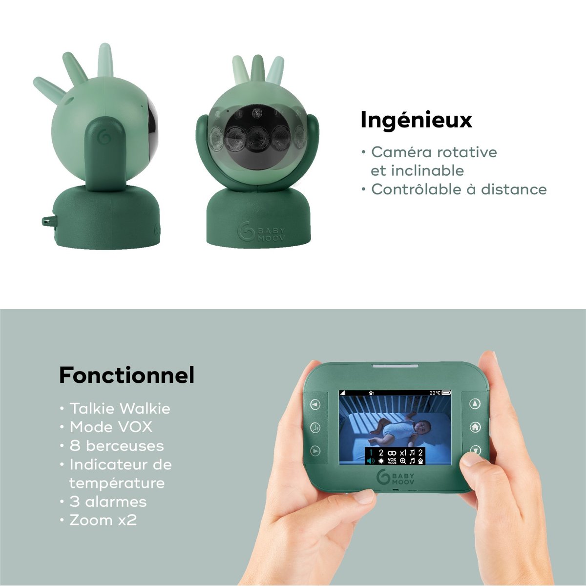 Babyphone vidéo multifonctions Yoo Twist avec caméra rotative et inclinable vert, BABYMOOV