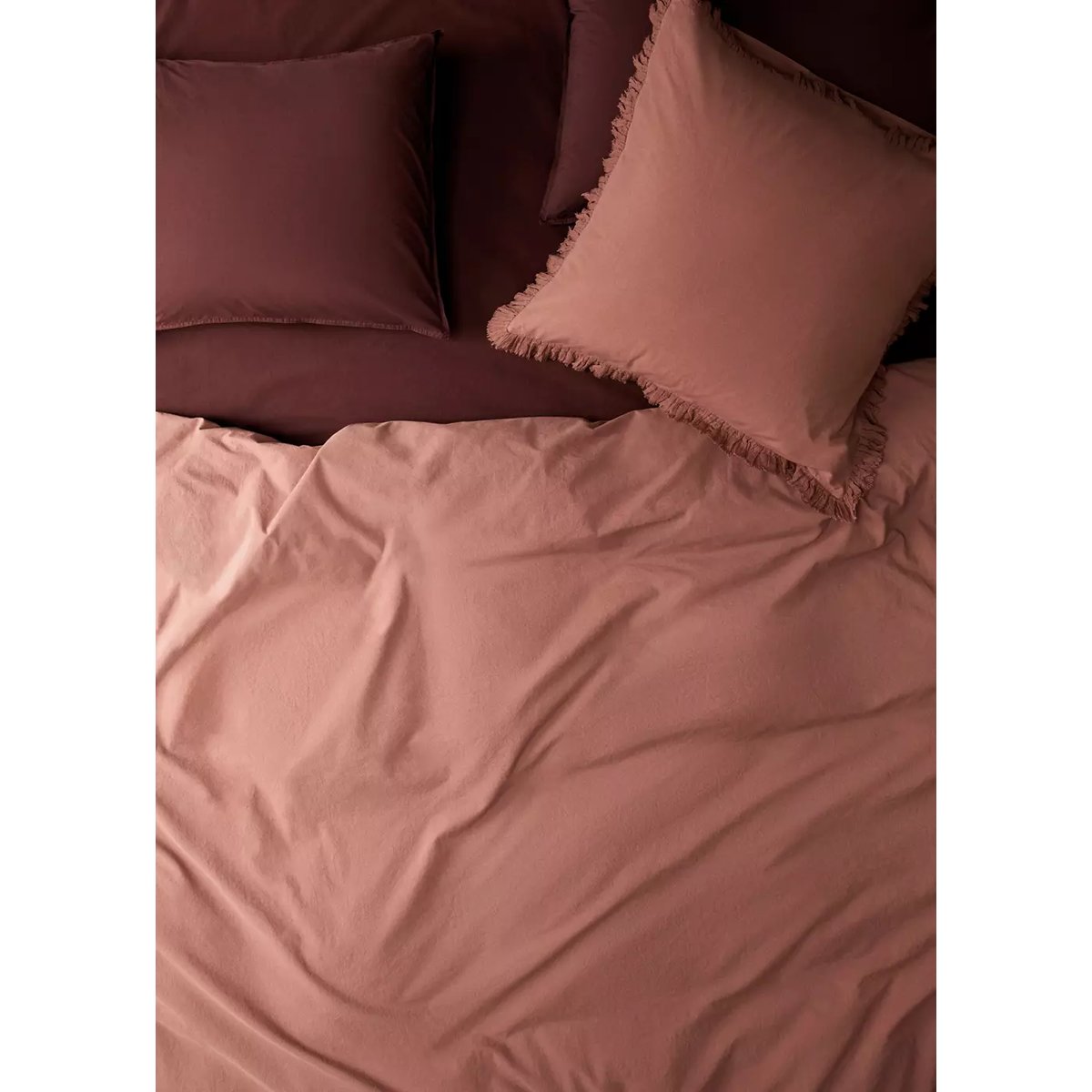 Housse de couette coton lavé volant en gaze effiloché lit 90 cm rose géranium, MANGO HOME