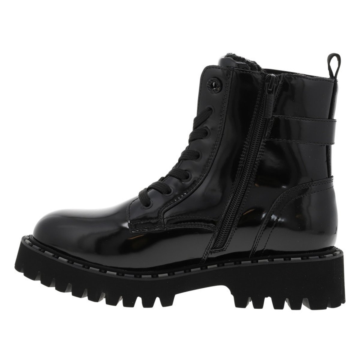 Bottines noires vernis à talon décroché bas avec des lacets plats et un zip noires vernies, MUSTANG