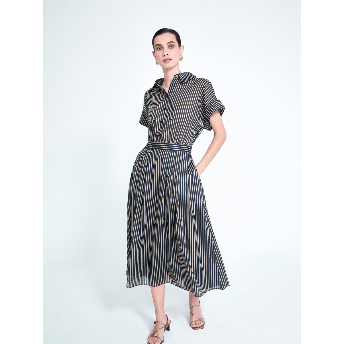 Robe midi chemise rayée à manches courtes noir, LOLA CASADEMUNT