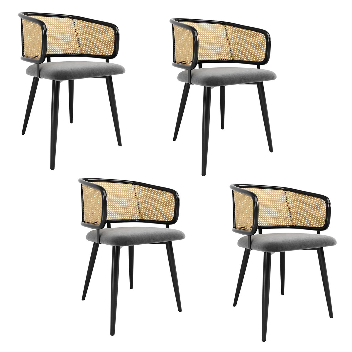 Lot de 4 chaises de salle à manger en velours avec dossier en rotin, pieds en métal noir, style moderne, DEWR-BL gris, MEUBLES COSY