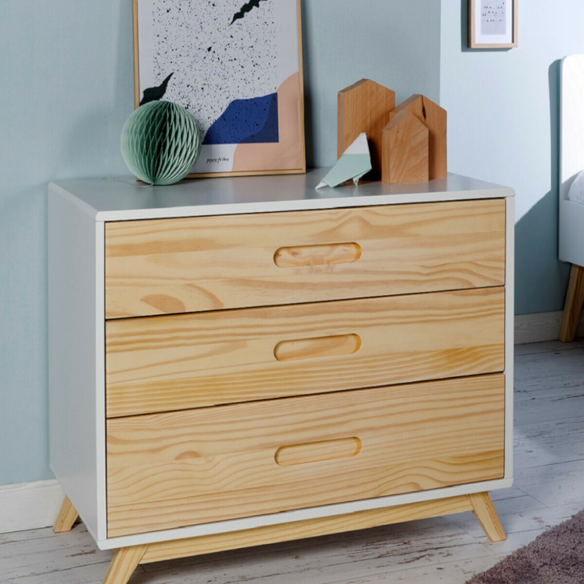 Commode 3 tiroirs Bois massif ZOLA blanc et bois, AKITEN RETAIL