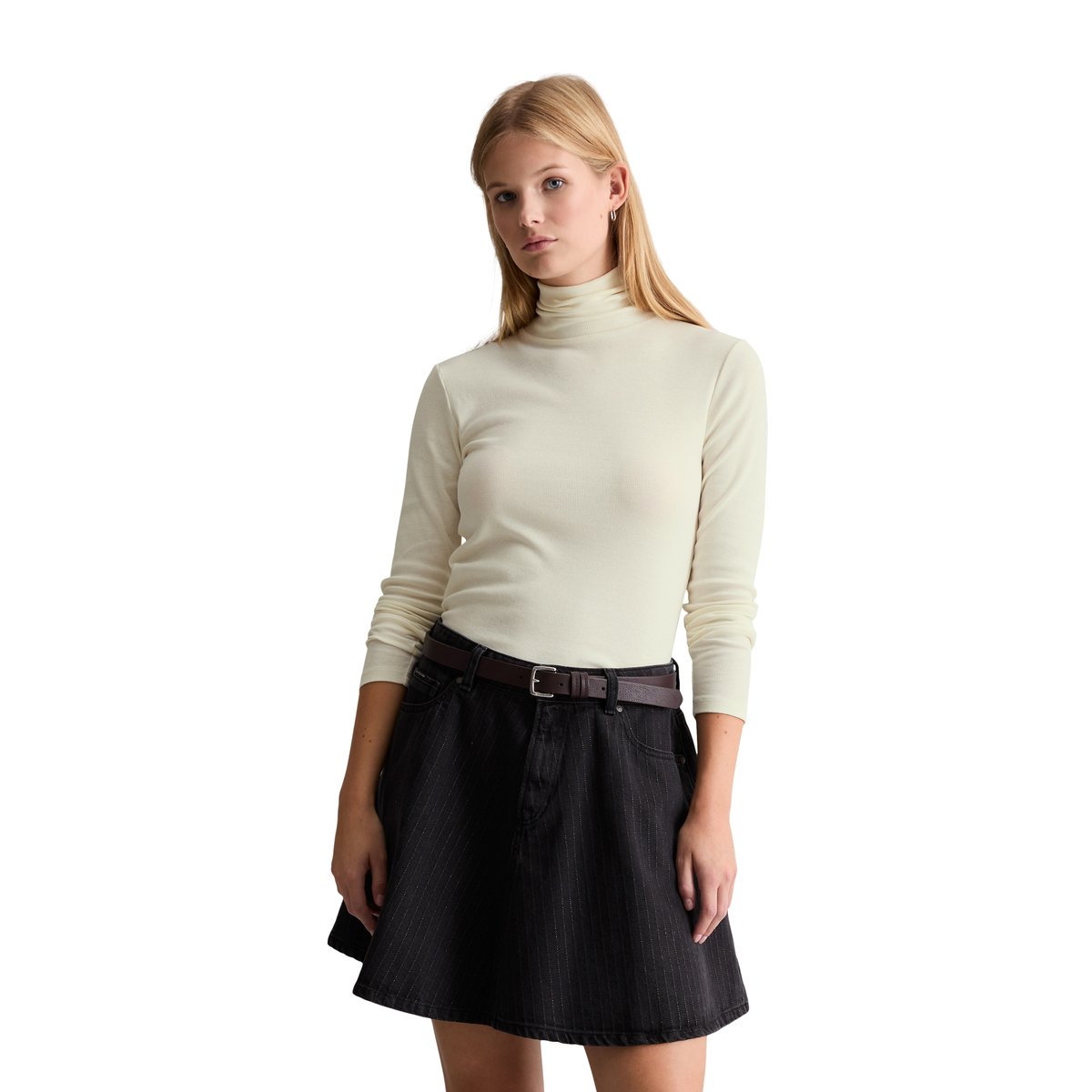T-shirt long à col roulé slim en jersey côtelé doux beige, MARC O’POLO DENIM