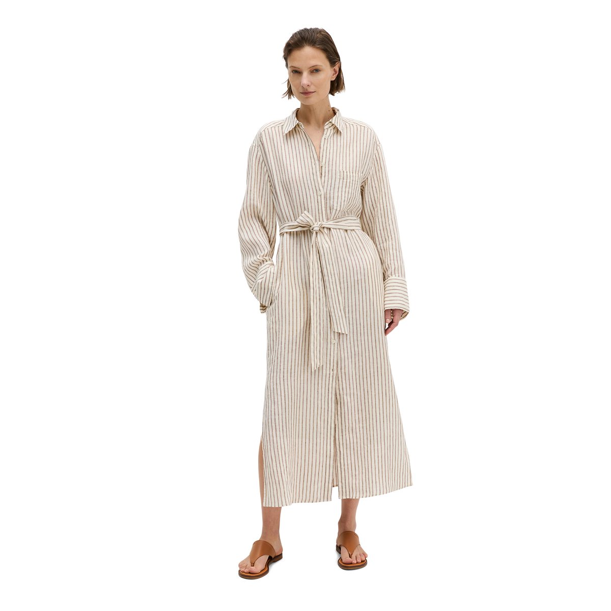 Robe-chemise en lin relaxed avec motif à rayures teinté dans la masse marron, MARC O'POLO