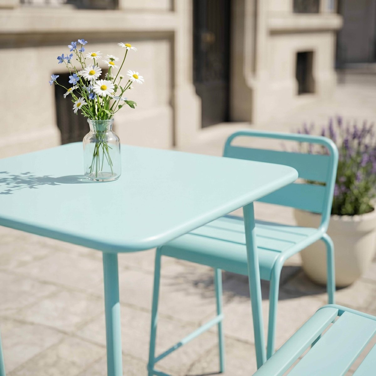 Salon de jardin table de bar et 2 chaises en acier, PALAVAS bleu turquoise, OVIALA