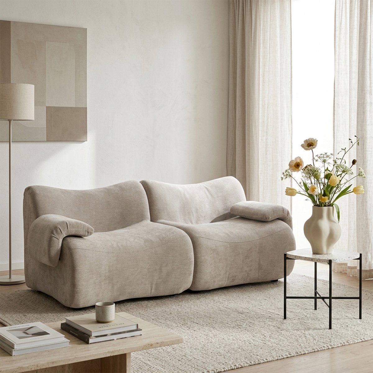 Canapé droit compressé 2 places design moderne, CLOUD taupe, MEUBLES COSY
