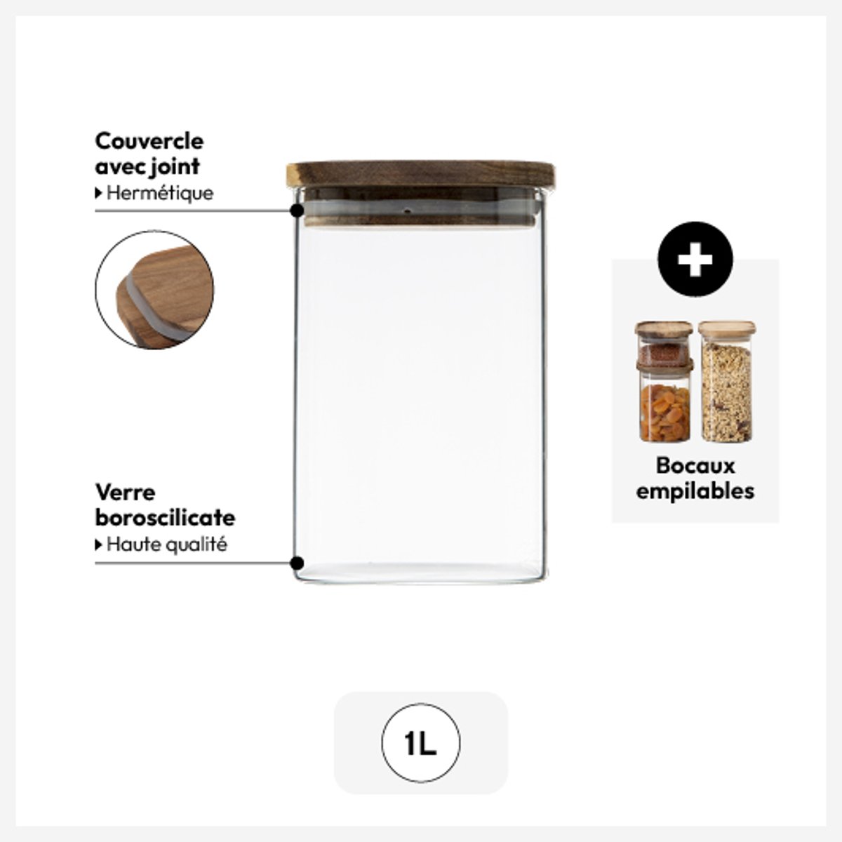 Bocal verre couvercle acacia 1L HERMET transparent, 5FIVE SIMPLY SMART