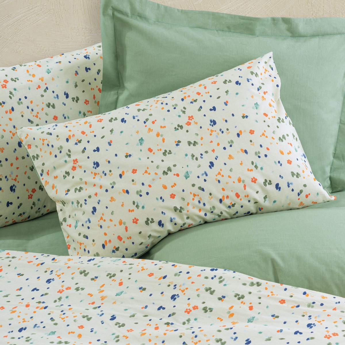 Parure housse de couette coton imprimée confettis, Lola vert, C DESIGN HOME TEXTILE