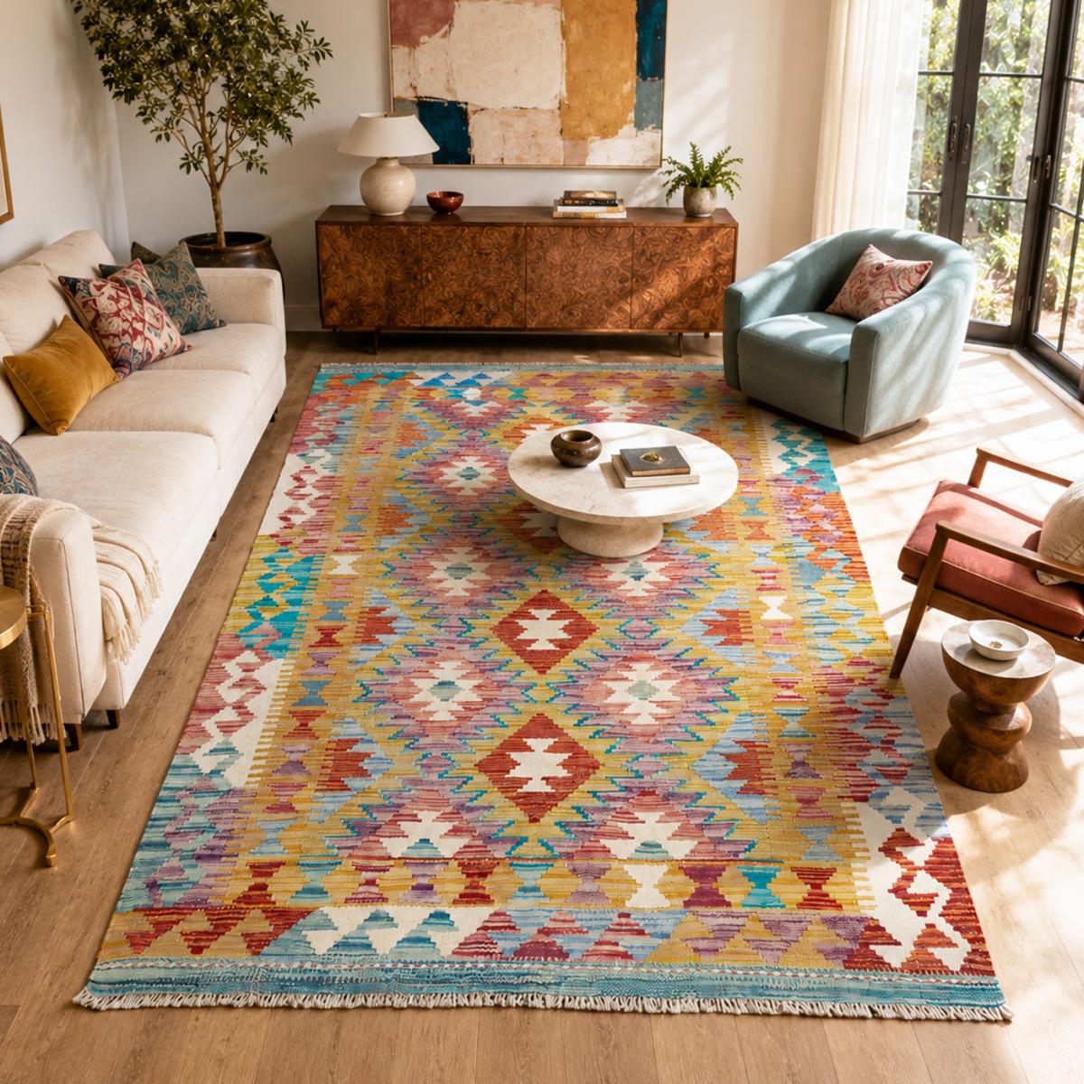 Tapis kilim ethnique authentique, tissé plat en laine, KILIM 48 multicolore, bleu, rouge, UN AMOUR DE TAPIS