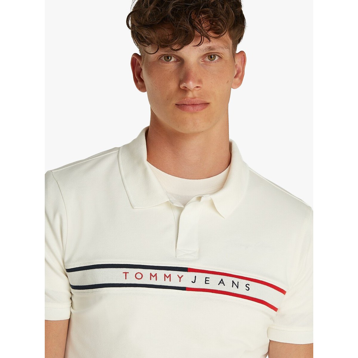 Polo slim à bandes colorées blanc, TOMMY JEANS