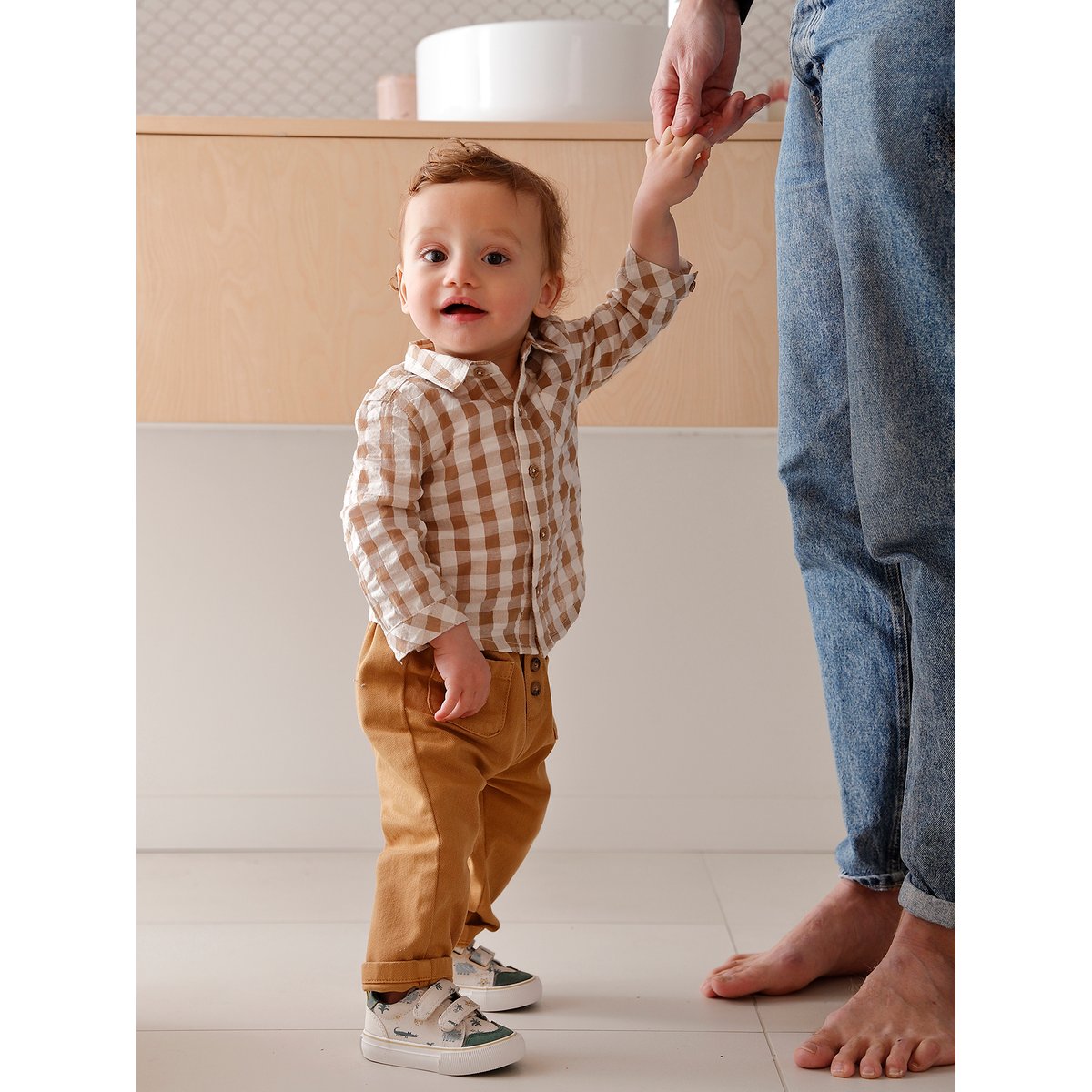 Chemise bébé gaze de coton carreaux beige, VERTBAUDET