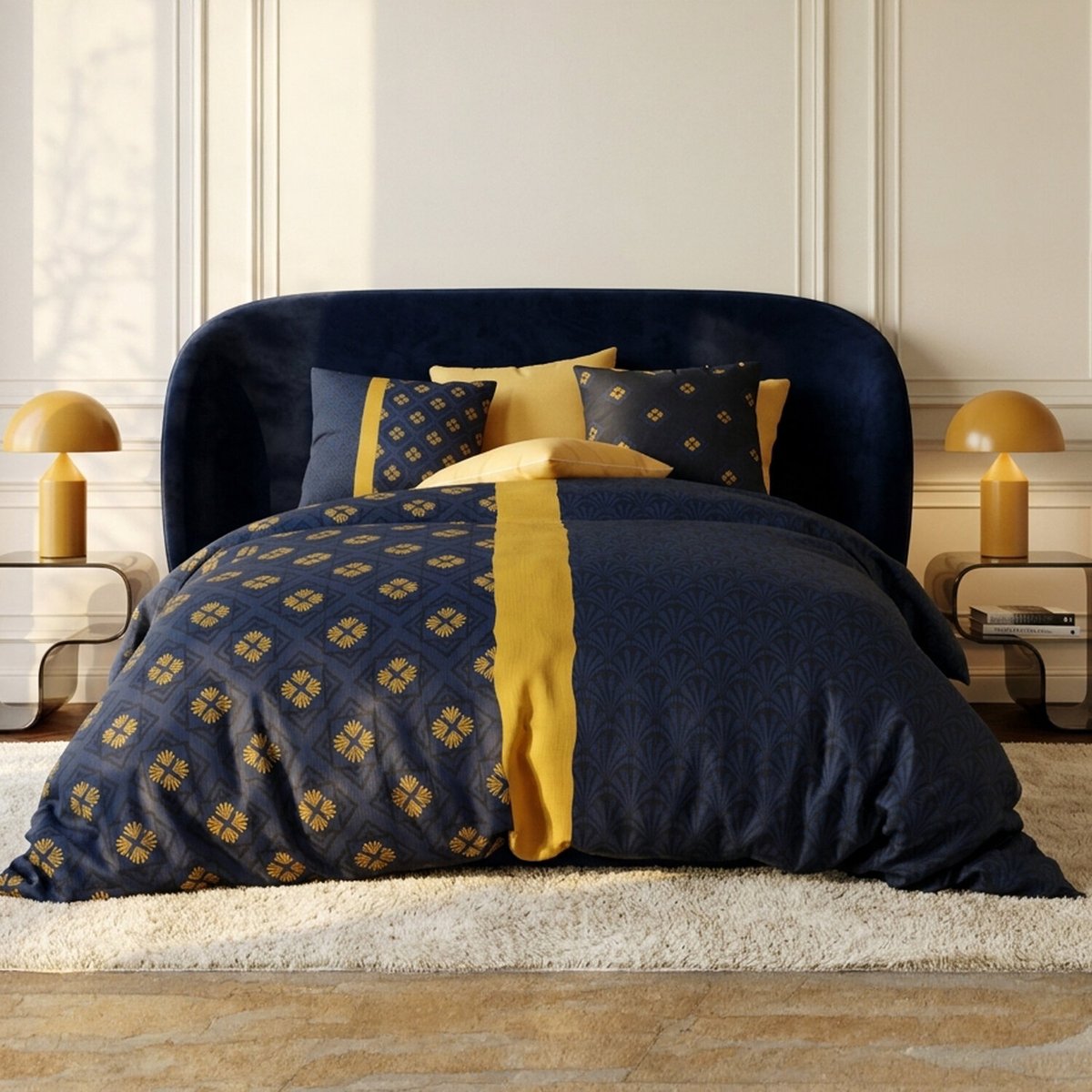 Parure housse de couette en coton imprimée, Nil noir, ATELIER DU COTON