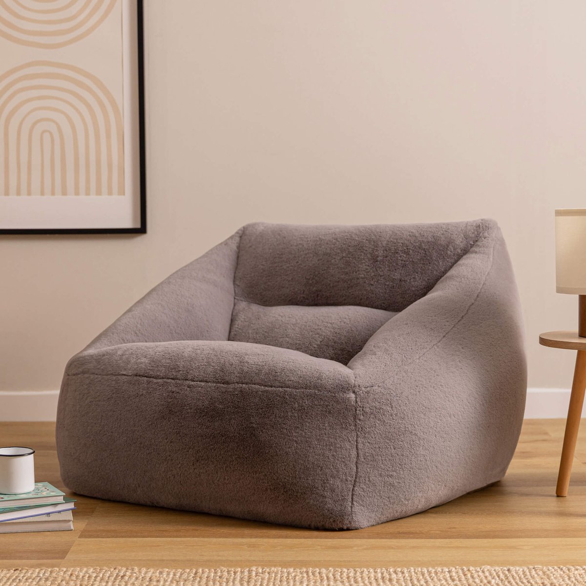 Pouf fauteuil salon en imitation fourrure luxueuse de lapin Oeko-Tex® - NATALIA gris clair, ICON