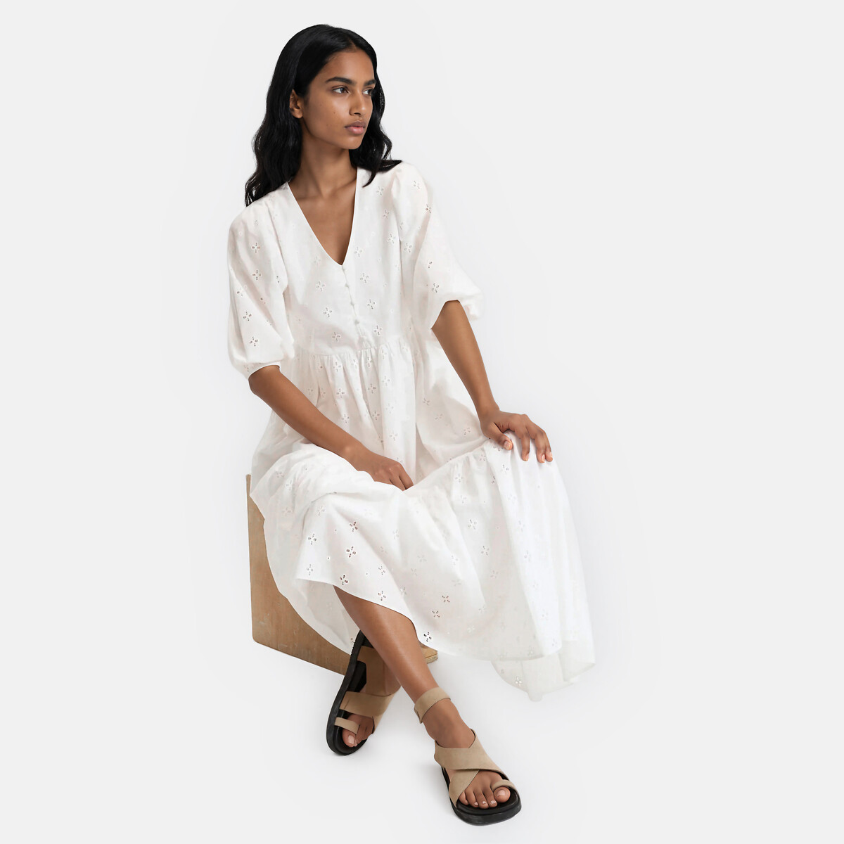 Robe longue en broderie anglaise col V blanc, LA REDOUTE COLLECTIONS