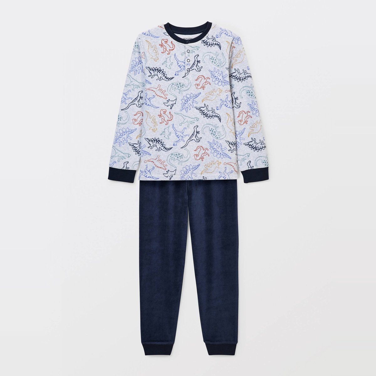 Pyjama velours manches longues imprimé contient du coton BIO GOTS gris chine clair, MONOPRIX
