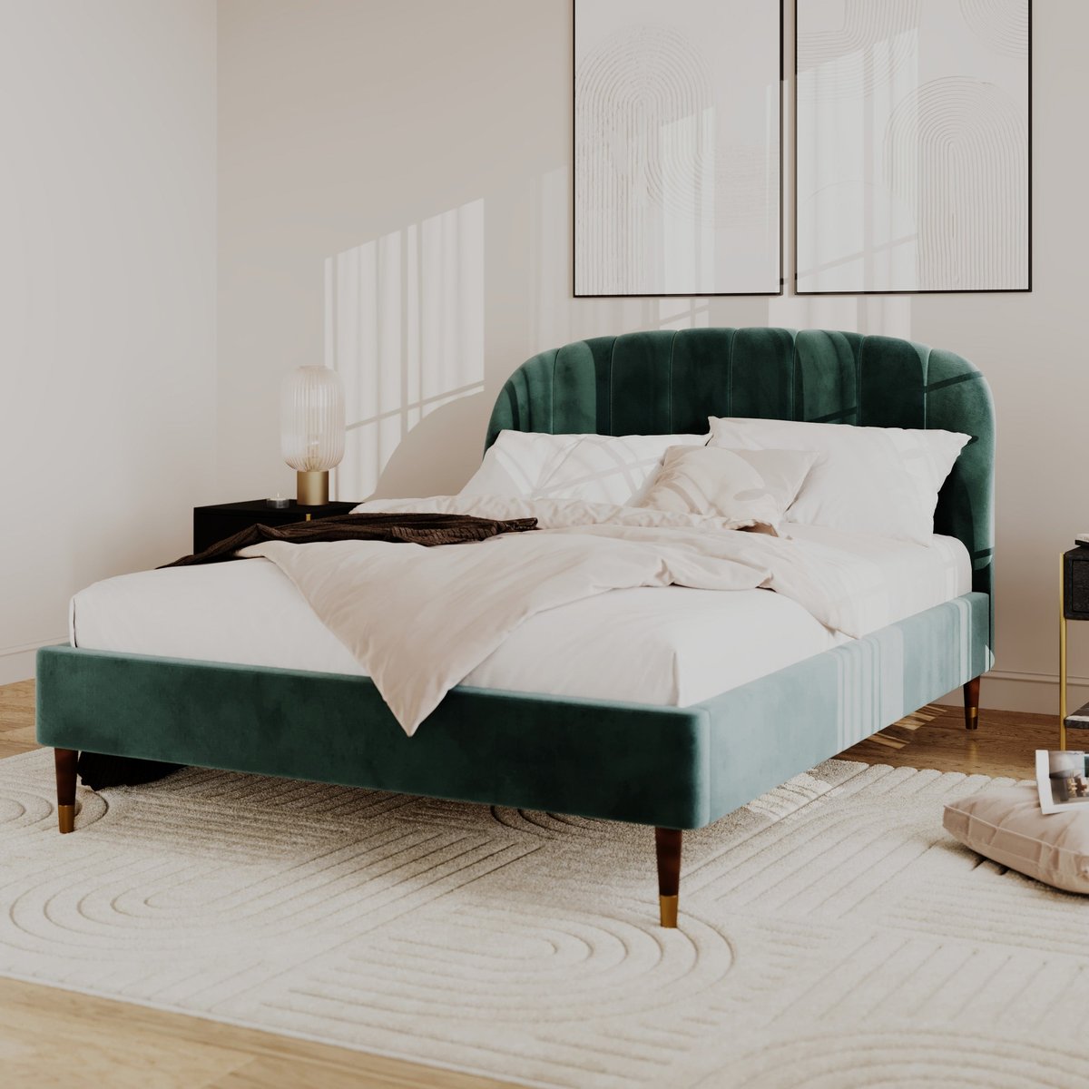 Lit double en velours et pieds - GALA vert, MAISON PAVANE