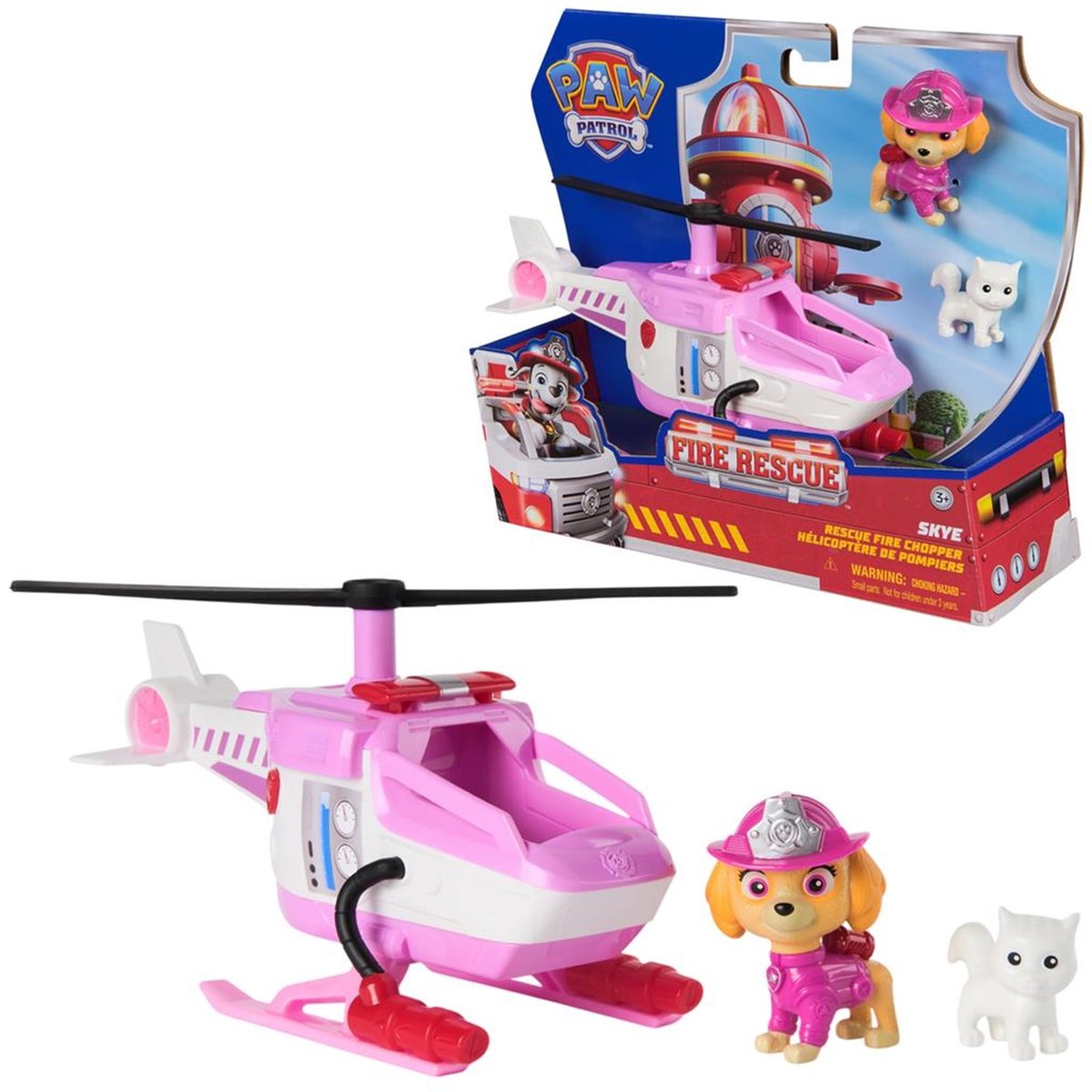 Paw Patrol Fire Rescue - Skye avec l'hélicoptère de sauvetage rose, SPIN MASTER