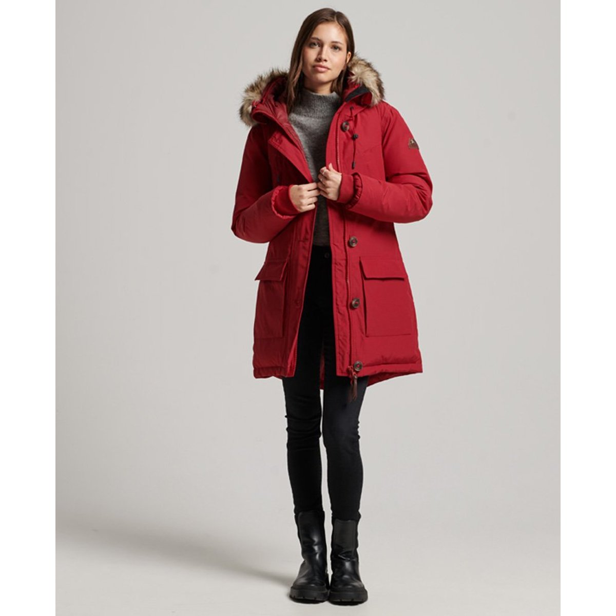 Parka à capuche en duvet imitation fourrure piment, SUPERDRY