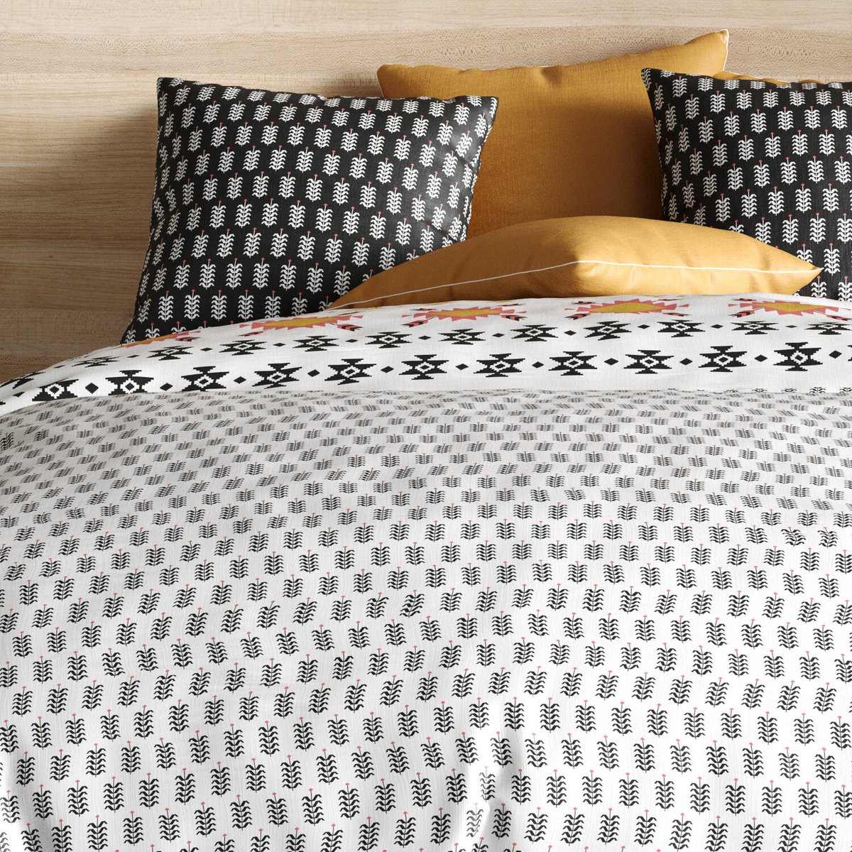 Parure housse de couette en coton imprimée, Loya noir, C DESIGN HOME TEXTILE