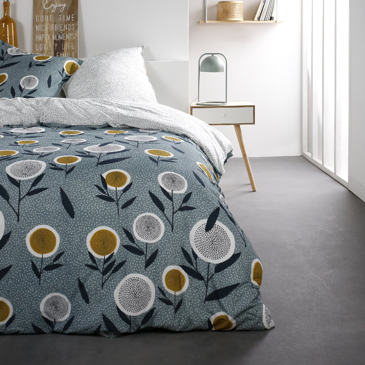 Parure de lit coton 2 personnes imprimé floral SUNSHINE bleu, TODAY