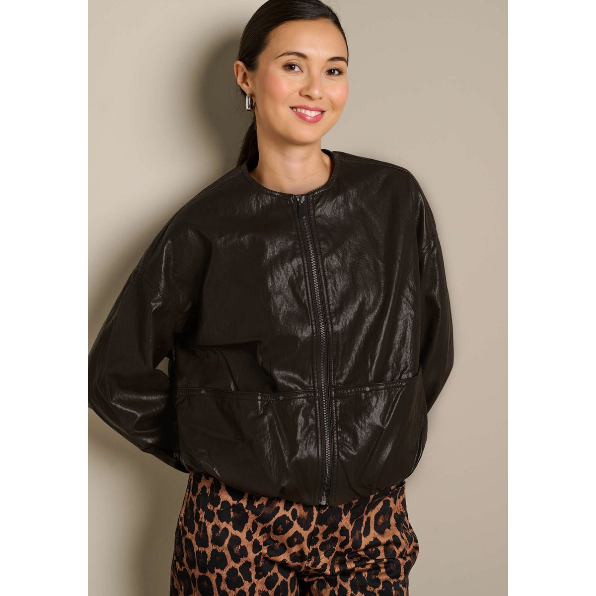 Bomber effet cuir zippé brun fonce chocolate, LOLALIZA