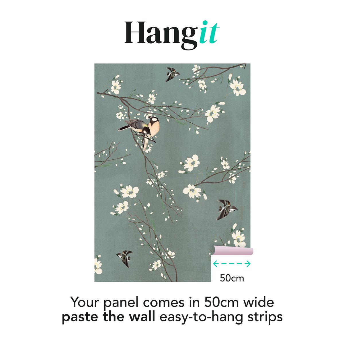 Papier peint panoramique Fleurs et oiseaux du Japon vert bleuté, écru, SUPERFRESCO EASY