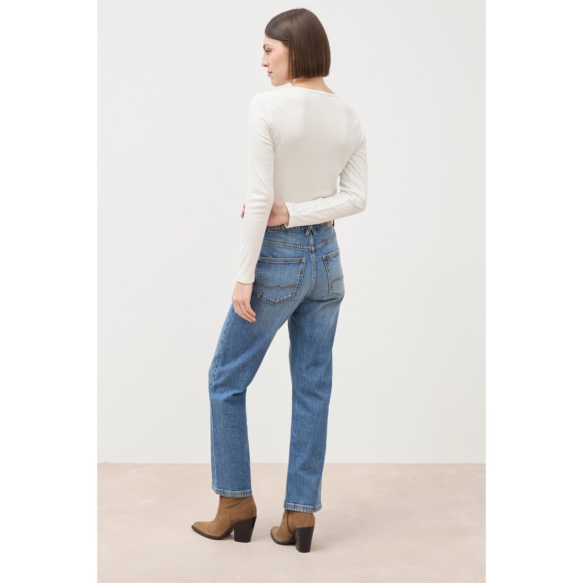 Jeans straight 7/8ème taille haute denim stone, BONOBO