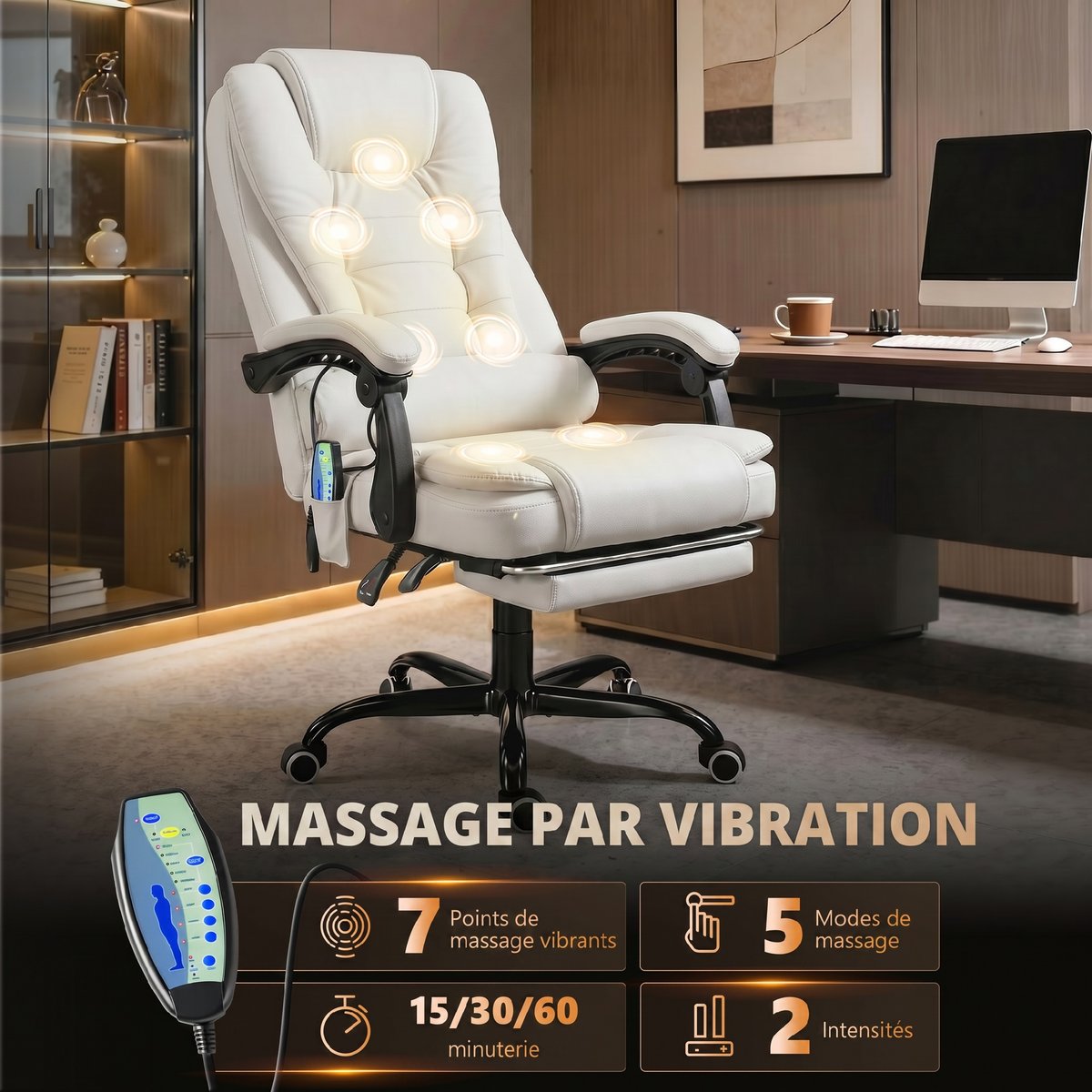 Fauteuil de bureau avec fonction massage blanc, HOMCOM