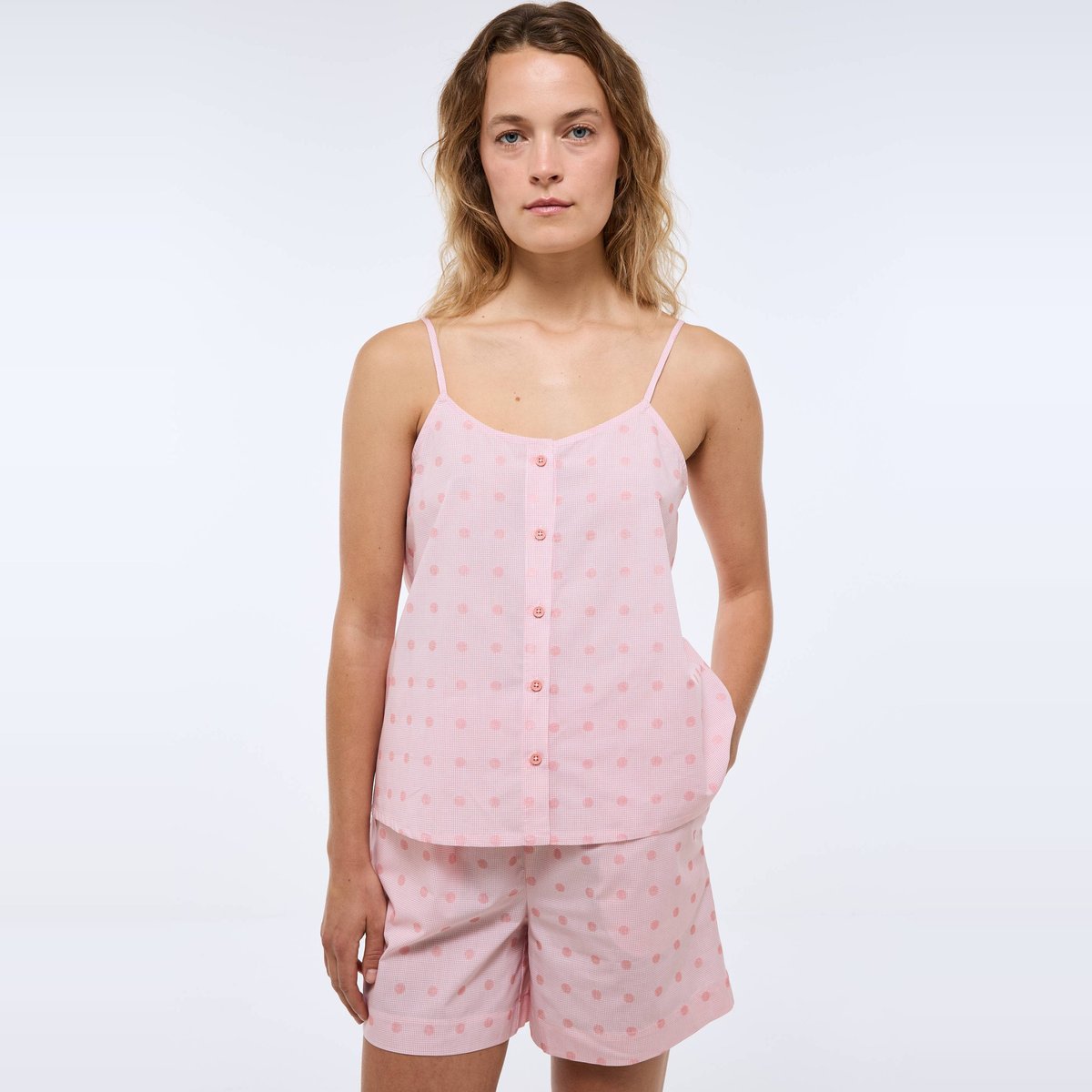 Top vichy à fines bretelles en coton blanc, MONOPRIX