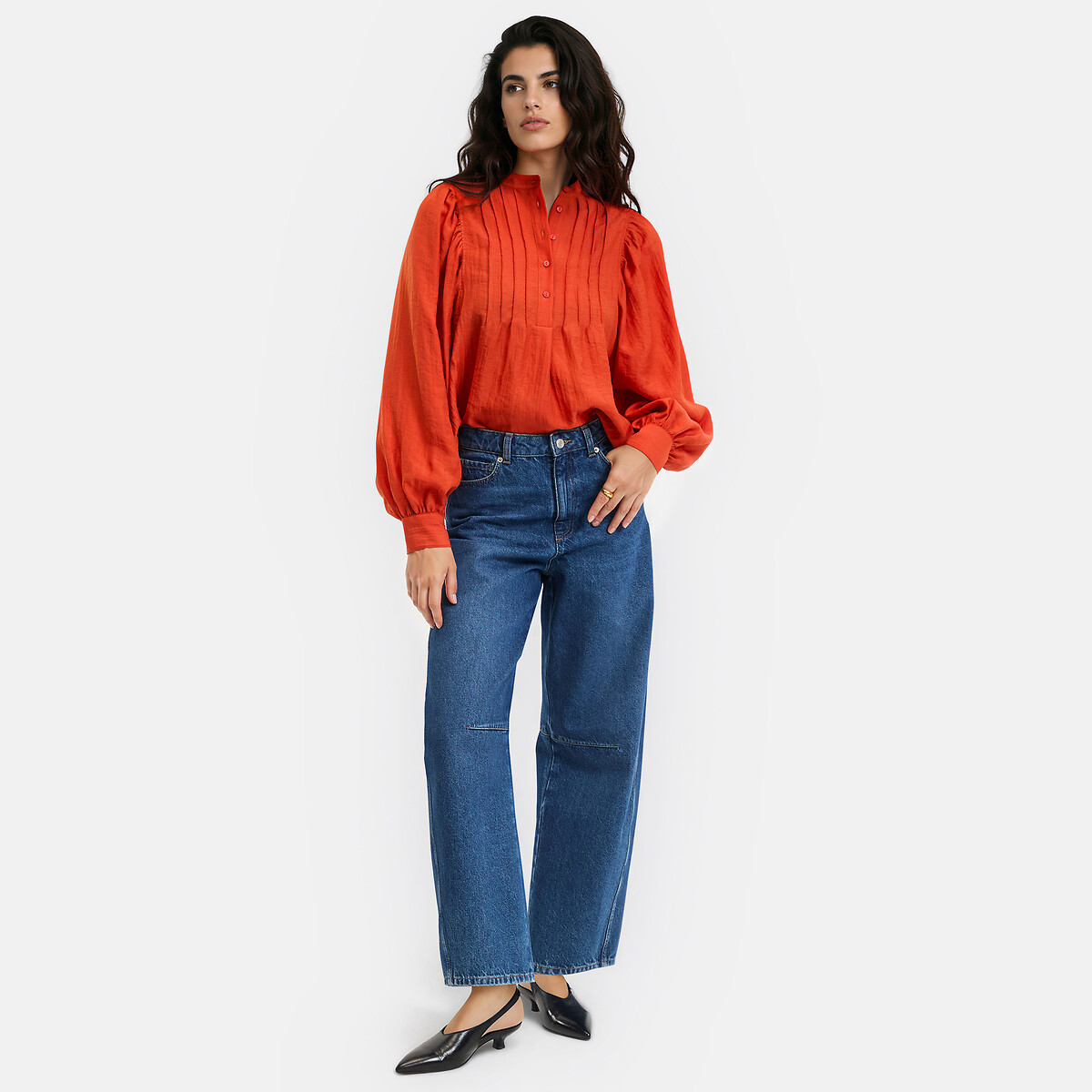 Blouse col rond boutonnée manches longues orange, LA REDOUTE COLLECTIONS