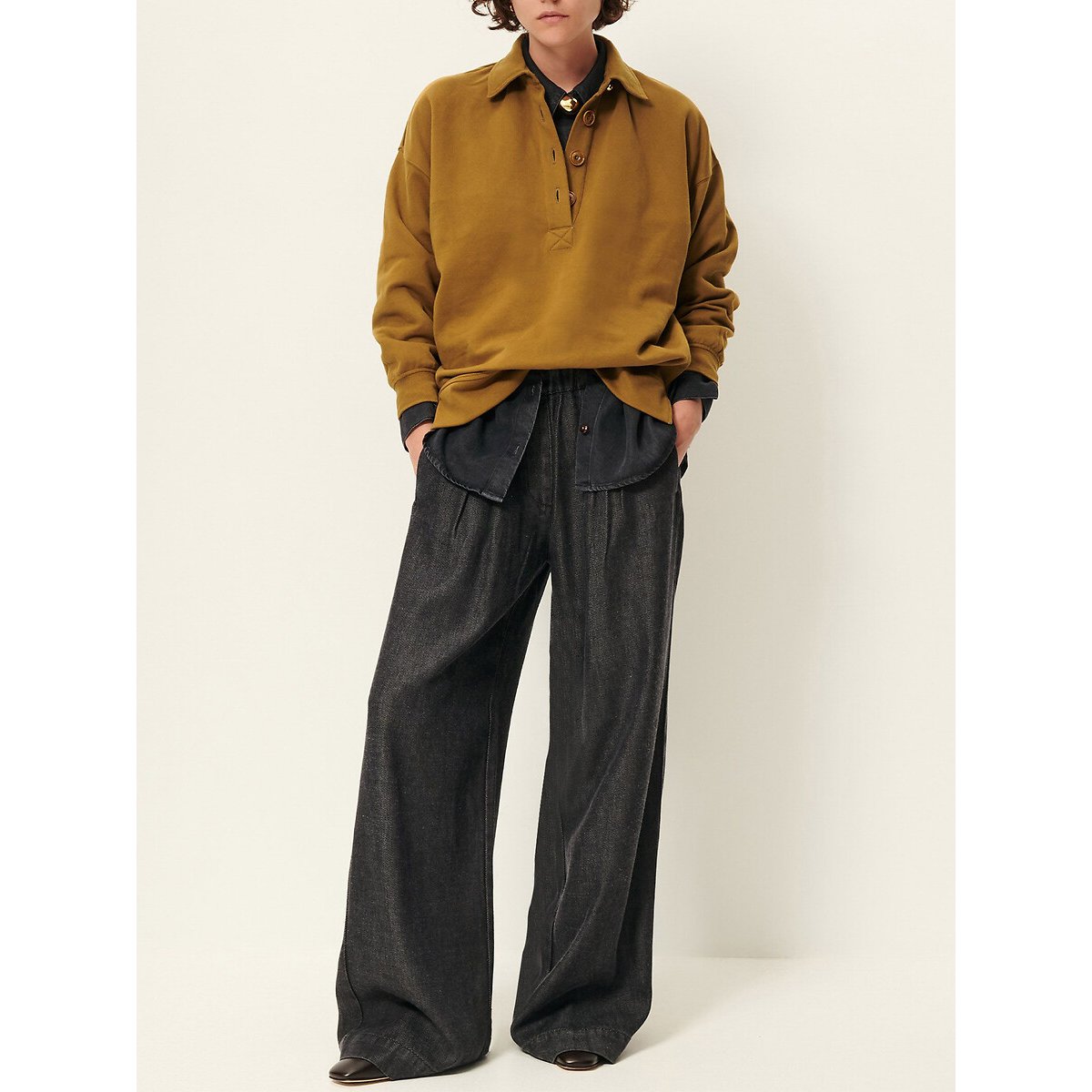 Sweatshirt met losse pasvorm en geknoopte polokraag, DIMAGGIO brons, SESSUN