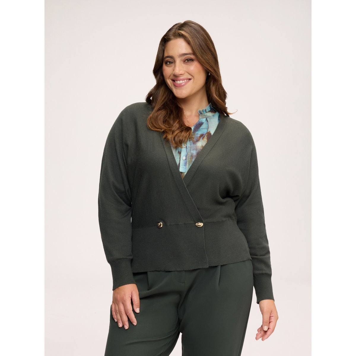Cardigan croisé à boutons verde militare, FIORELLA RUBINO