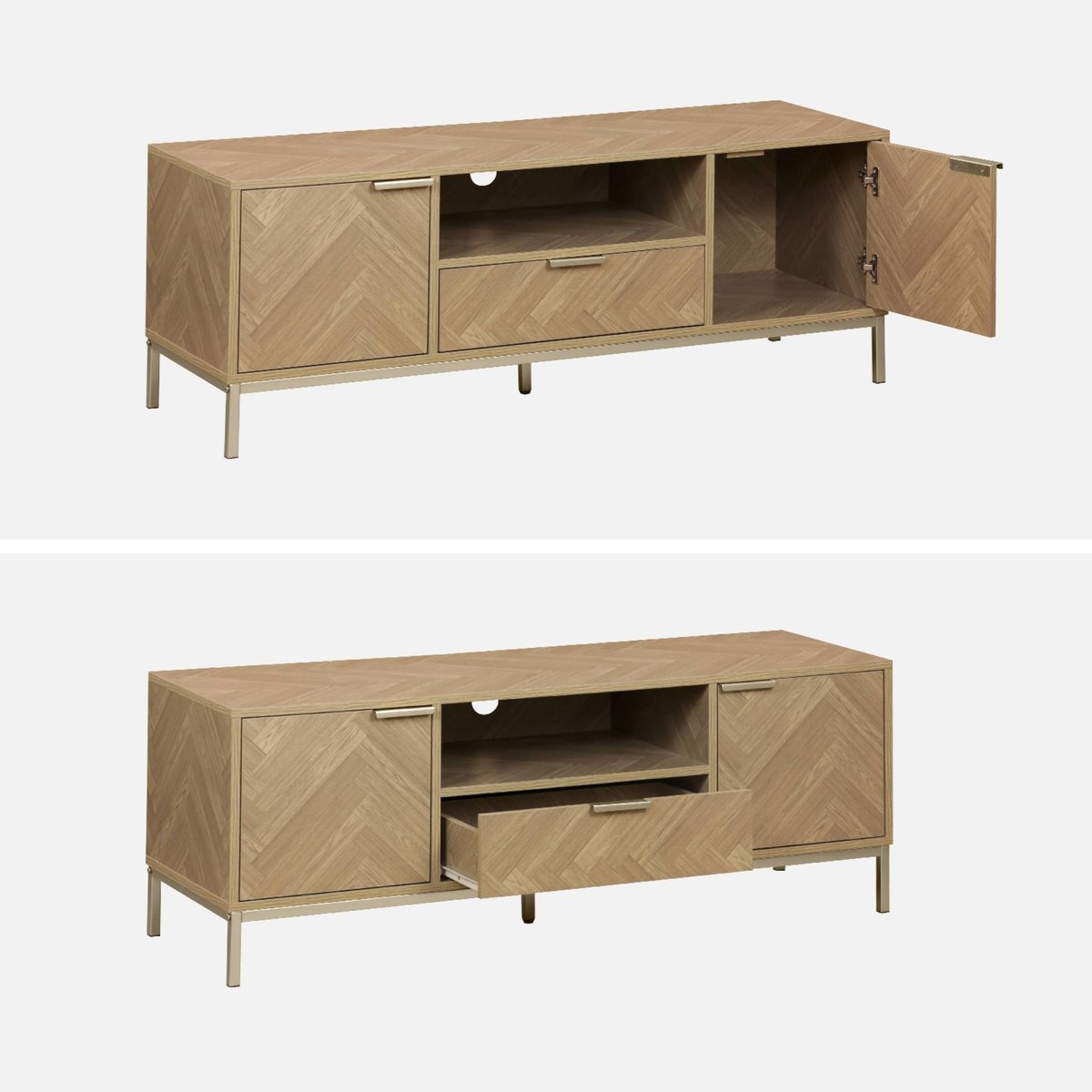 Meuble TV décor chevrons effet bois 2 portes 1 tiroir 120cm BUDAPEST naturel, SWEEEK