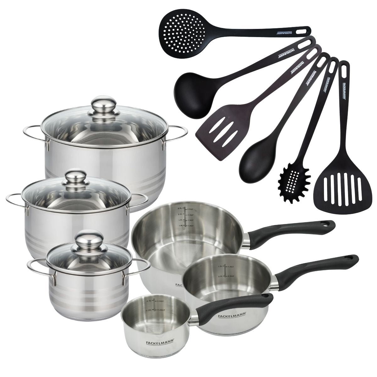 3 faitouts 16/20/24cm + 3 casseroles 12/16/20cm BRILLANT inox|noir, FACKELMANN