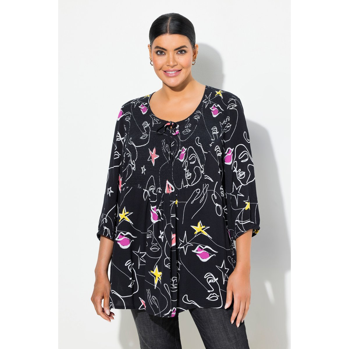Blouse smockée noir, ULLA POPKEN