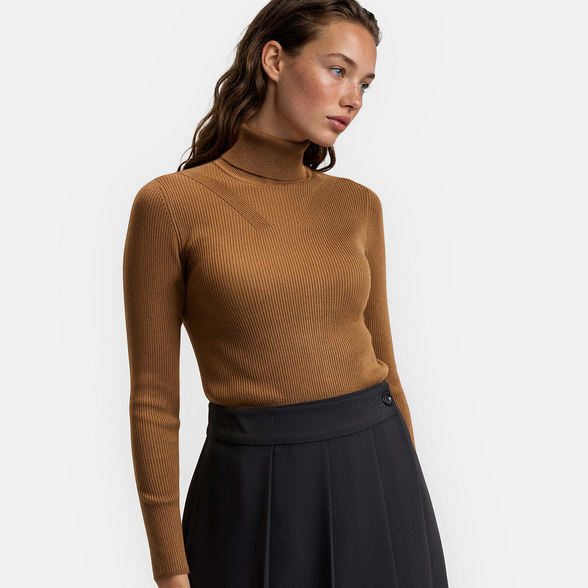 Jersey con cuello vuelto de punto fino marrón camel, LA REDOUTE COLLECTIONS