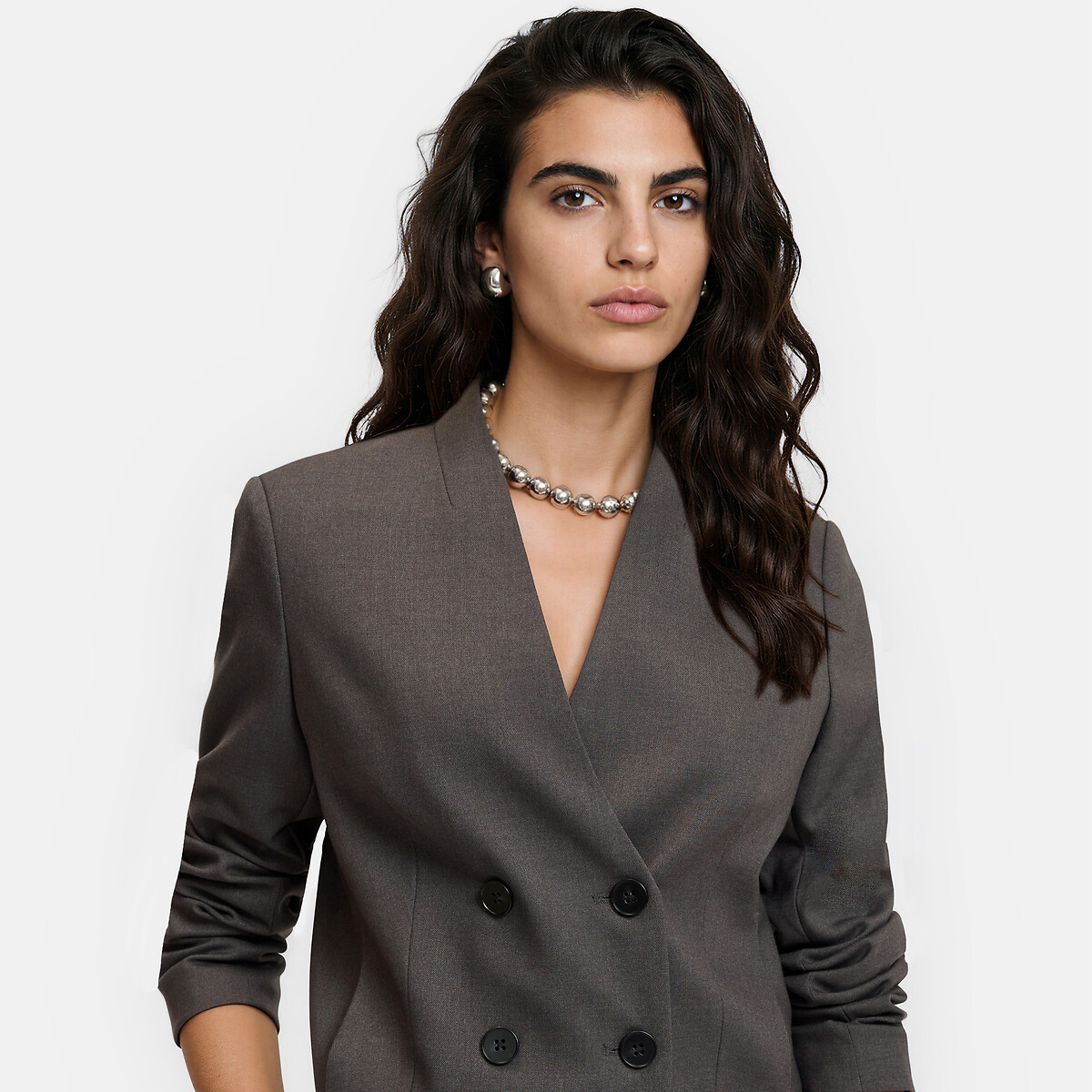 Blazer croisé court sans col gris chiné, LA REDOUTE COLLECTIONS