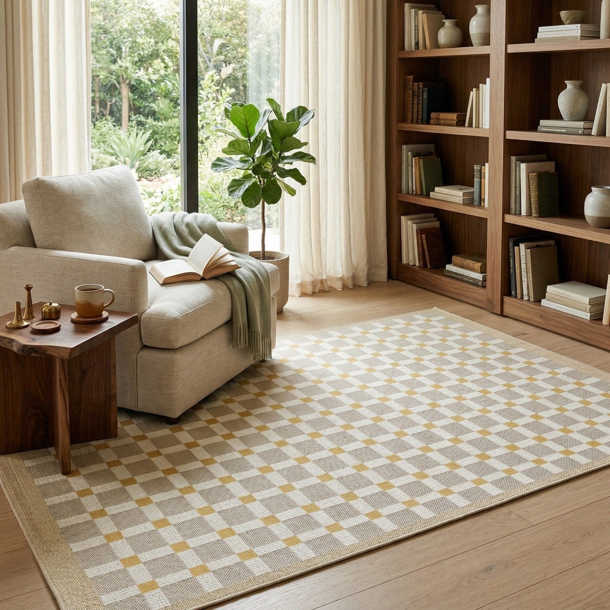 Tapis extérieur intérieur damier moderne  et  SUNSHINE DAMIER beige, jaune, THE DECO FACTORY