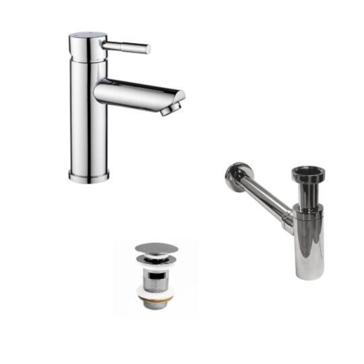 Robinet bec bas + bonde CLINT + siphon SIMON gris - acier inoxydable - chromé, MOB IN