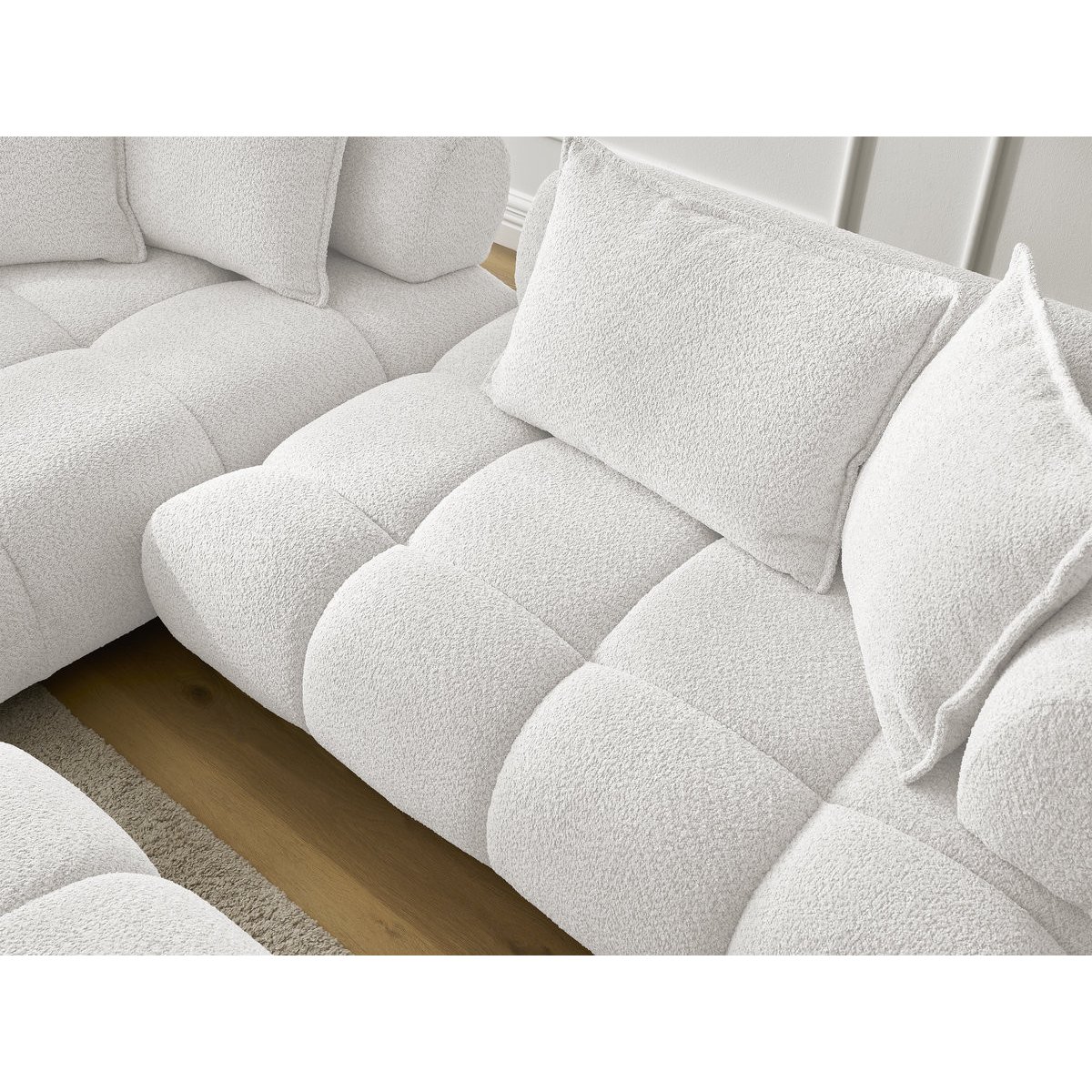 Canapé d'angle fixe 4 places en tissu bouclette avec pouf, ALYA blanc, BOBOCHIC