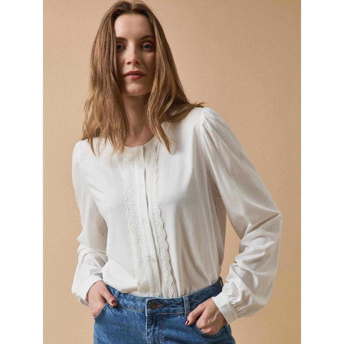 T shirt boutonné brodé modal et coton biologique blanc, CYRILLUS