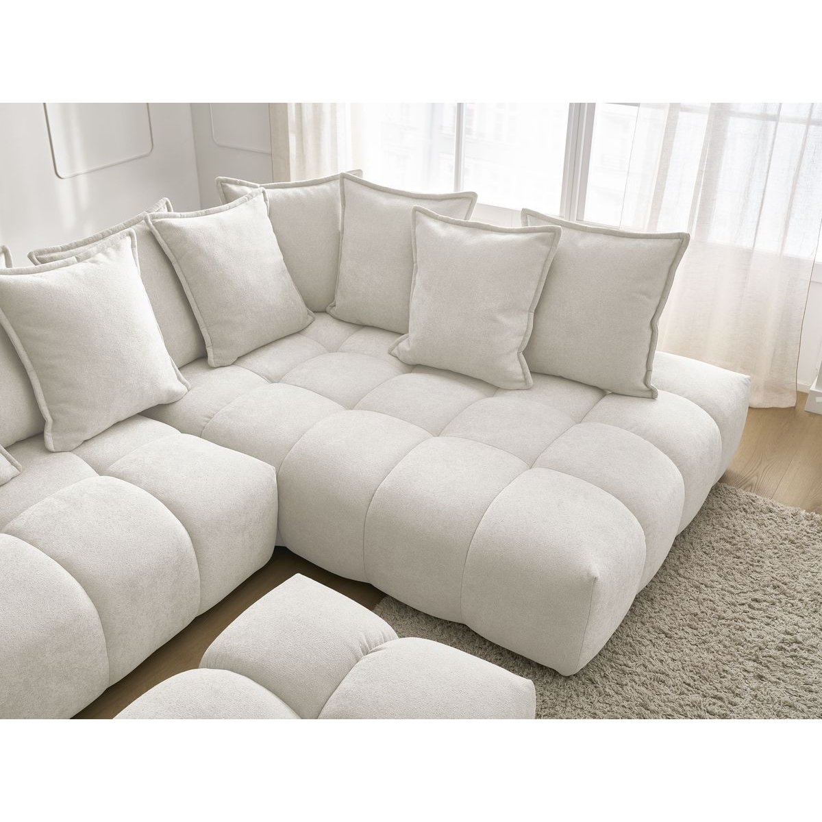 Canapé d'angle convertible 4 places en tissu texturé avec pouf, EVEREST blanc, BOBOCHIC
